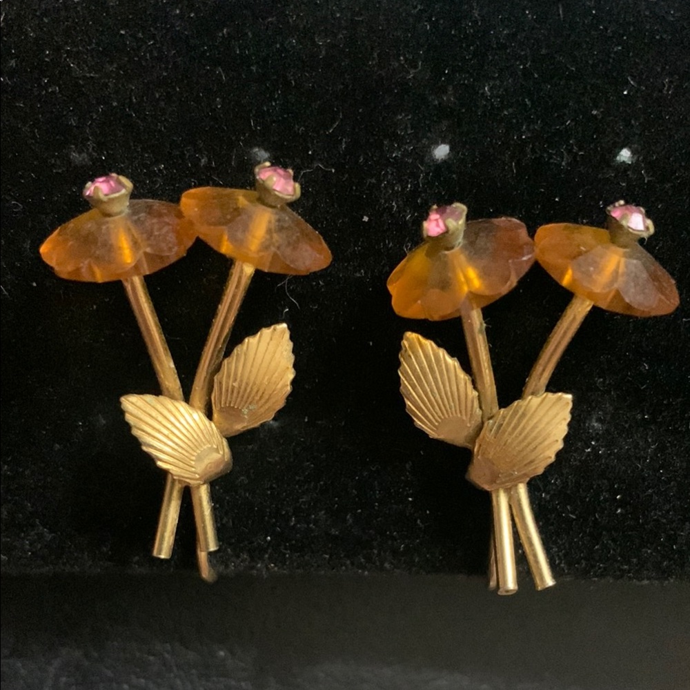 Vintage Rivoli & Rhinestone earrings screw backs gold amber pink stone ADORABLE!